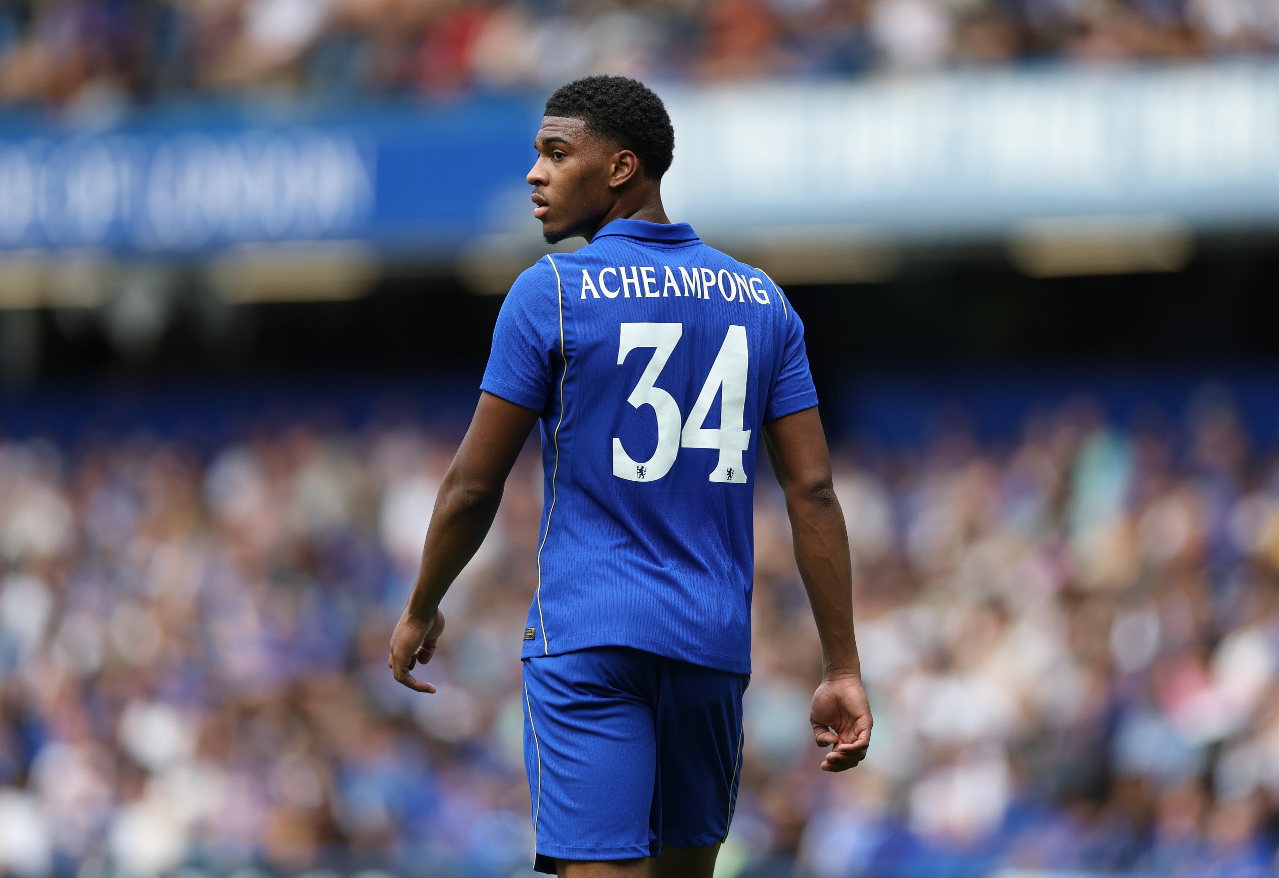 Josh Acheampong of Chelsea reacts during the pre-season friendly match between Chelsea and Real Sociedad at Stamford Bridge Josh Acheampong of Chelsea reacts during the pre-season friendly match between Chelsea and Real Sociedad at Stamford Bridge