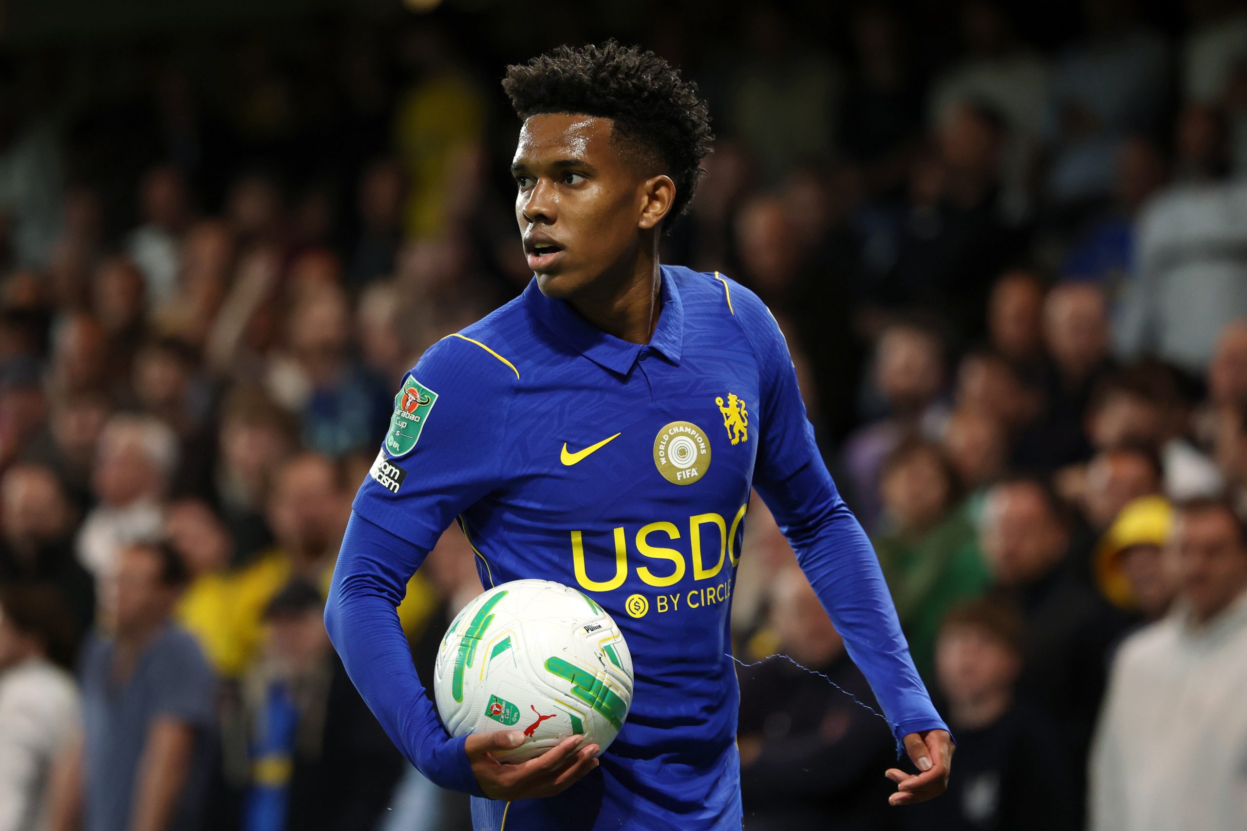 Estevao of Chelsea reacts during the Carabao Cup Third Round match between Chelsea and Leeds United at Stamford Bridge Estevao of Chelsea reacts during the Carabao Cup Third Round match between Chelsea and Leeds United at Stamford Bridge