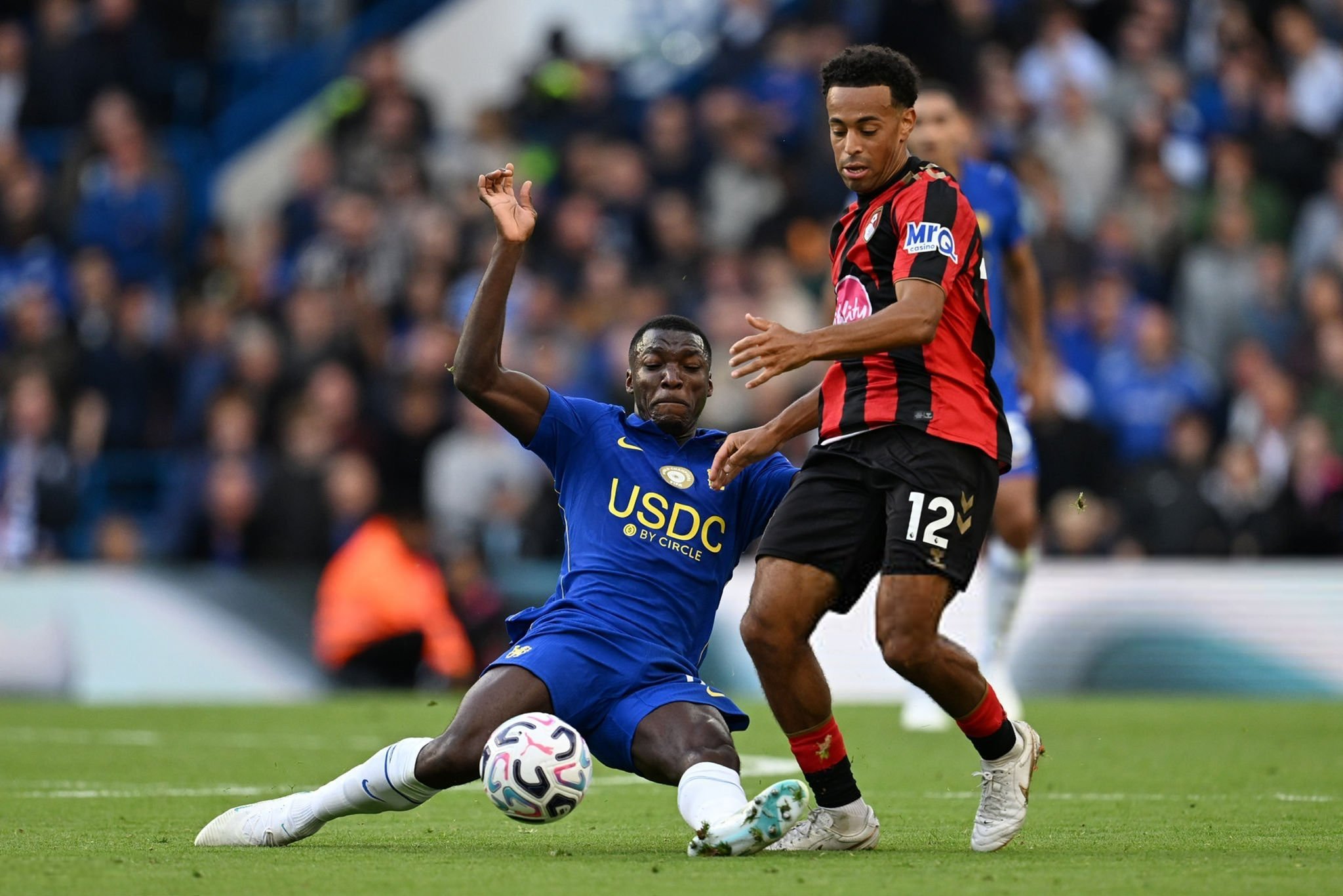 Moises Caicedo makes superb sliding tackle for Chelsea against Bournemouth at Stamford Bridge